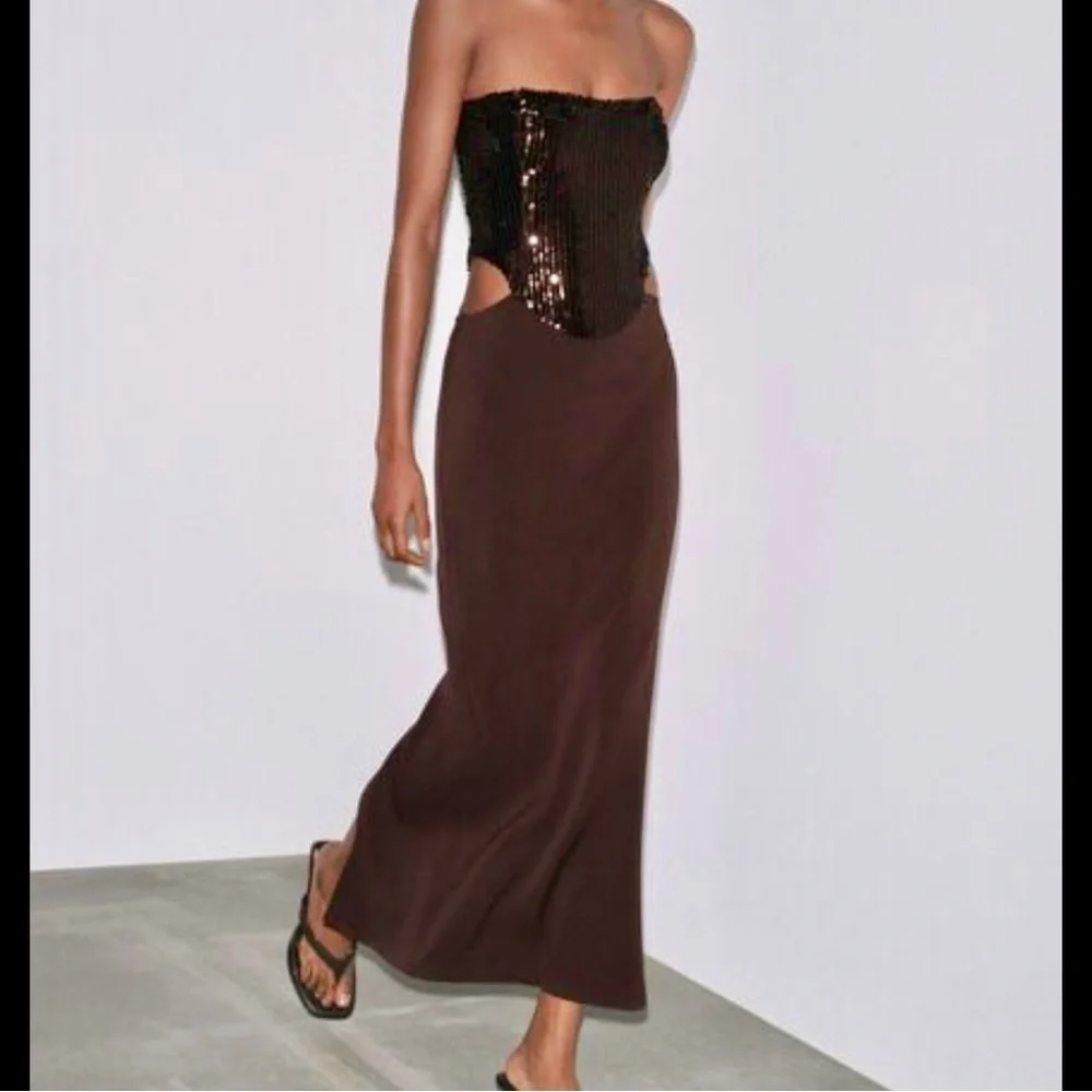 Zara sequin embellished brown Strapless cut out modern fit midi Dress size small - Picture 1 of 16